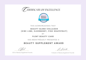 Certificate of Excellence for Beauty Blend Collagen by Plent Beauty Care, highlighting the Beauty Supplement Award.