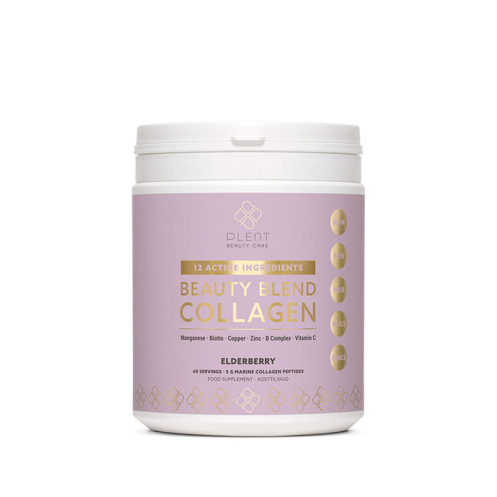 Plent Beauty Blend Collagen Elderberry container showcasing 12 active ingredients for skin support, 40 servings.