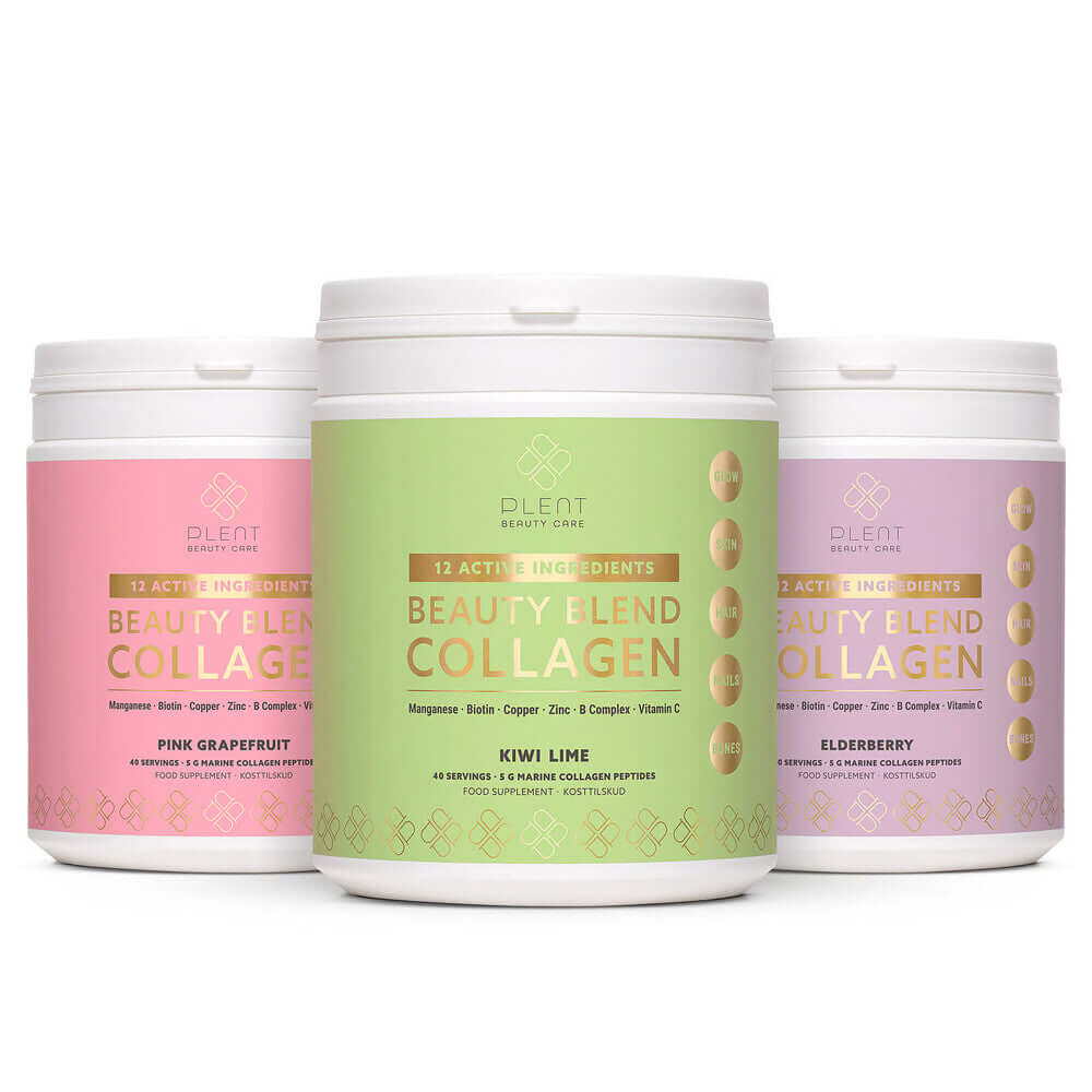 Beauty Blend Collagen Elderberry product image featuring three flavor options: Pink Grapefruit, Kiwi Lime, and Elderberry.