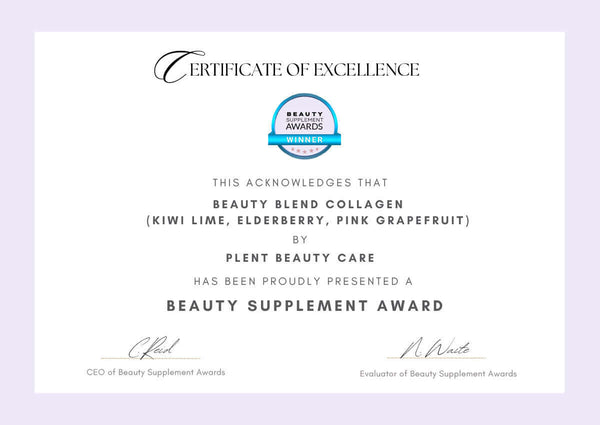 Certificate of Excellence for Beauty Blend Collagen by Plent Beauty Care, highlighting the Beauty Supplement Award.