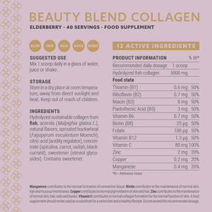 Beauty Blend Collagen Elderberry supplement details, including ingredients and suggested use for skin, hair, nails, and bones.