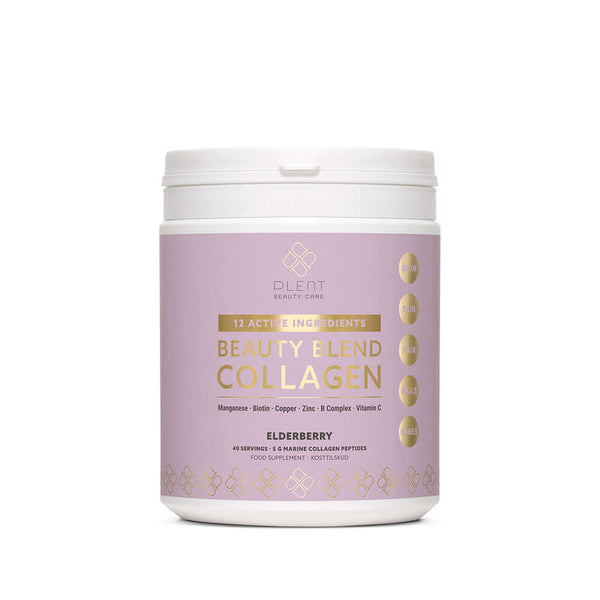 Plent Beauty Blend Collagen Elderberry container showcasing 12 active ingredients for skin support, 40 servings.