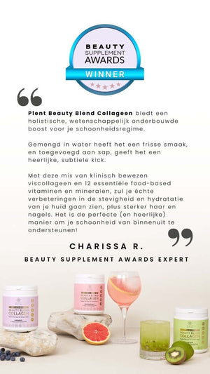 Beauty Blend Collagen Elderberry award winner testimonial with products, showcasing benefits for skin and hydration.